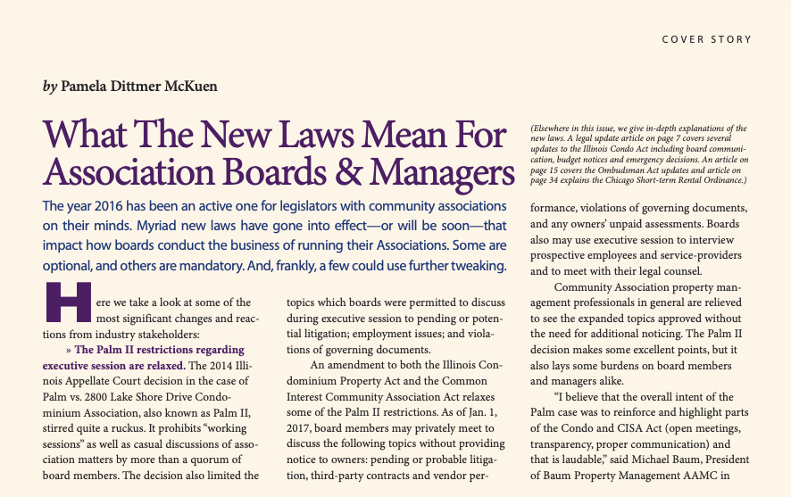 An article by Pamela Dittmer McKuen titled "What The New Laws Mean For Association Boards & Managers"