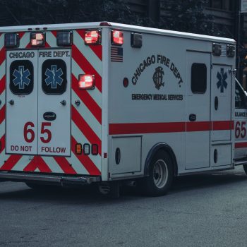 Shot of a Chicago Fire Department Emergency Medical Services vehicle from the rear-right